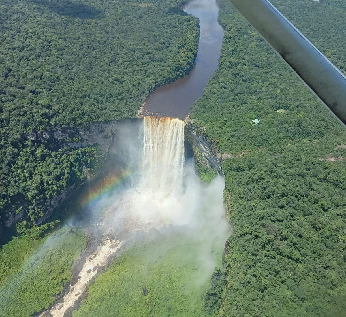 Aerial view of Kaieteur Falls and the Potaro River gorge in Guyana's rainforest, seen from a small plane